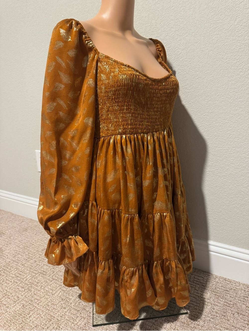 Smocked Babydoll Long-Sleeve Mini Dress in Metallic Mustard